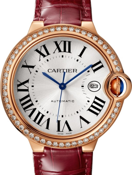 Cartier Ballon Bleu de Cartier Ladies Watch Automatic Rose Gold Diamond Bezel 42mm Silver Dial Alligator Leather Strap WJBB0035 - BRAND NEW