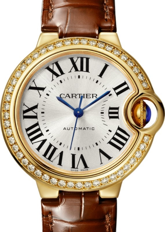 Cartier Ballon Bleu de Cartier Ladies Watch Automatic Yellow Gold Diamond Bezel 33mm Silver Dial Alligator Leather Strap WJBB0040 - BRAND NEW