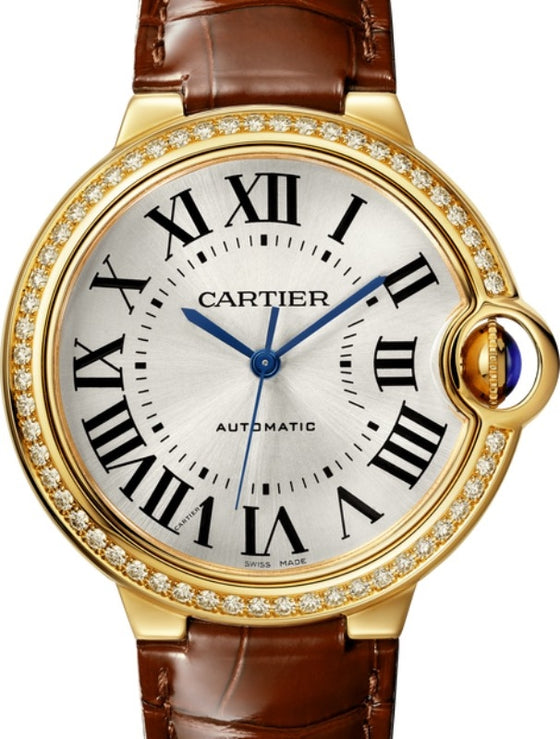 Cartier Ballon Bleu de Cartier Ladies Watch Automatic Yellow Gold Diamond Bezel 36mm Silver Dial Alligator Leather Strap WJBB0041 - BRAND NEW
