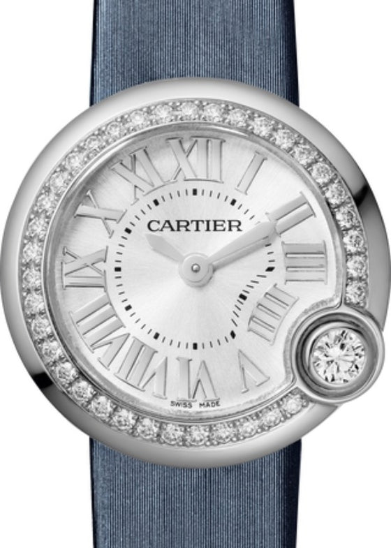 Cartier Ballon Blanc de Cartier W4BL0002 Ladies Watch Quartz Stainless Steel Diamond Bezel 26mm Silver Dial Leather Strap