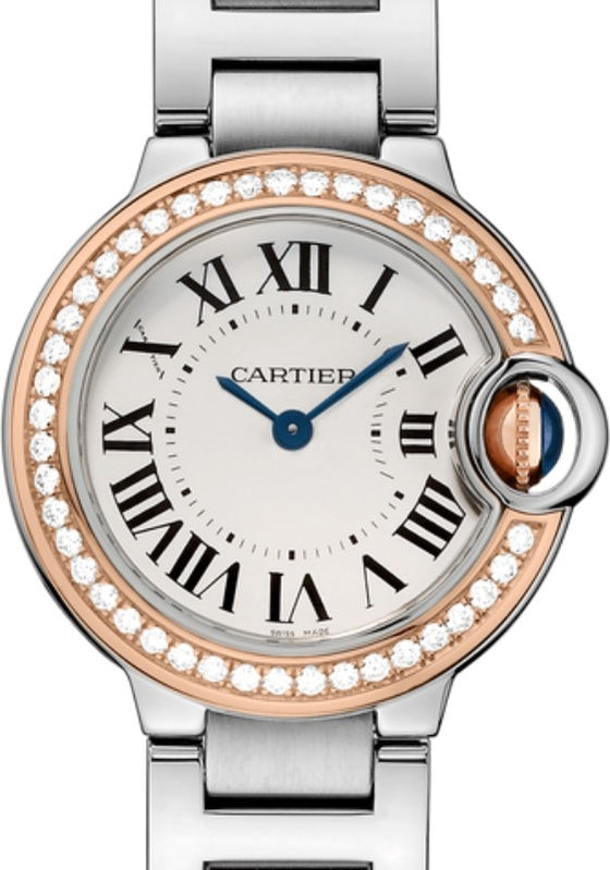 Cartier Ballon Bleu de Cartier Ladies Watch Quartz Stainless Steel Rose Gold Diamond Bezel 28mm Silver Dial Steel Bracelet WE902079 - BRAND NEW