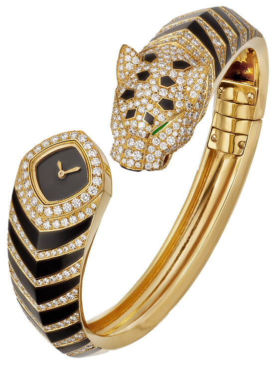 Cartier La Panthere Bangle 18mm Quartz Yellow Gold/Diamonds Black Lacquer Motifs HPI01369