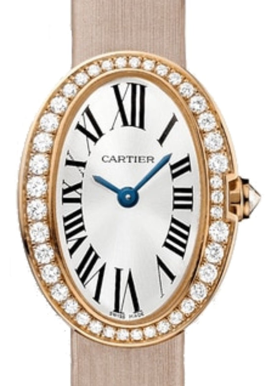 Cartier Mini Baignoire Ladies Watch Quartz Rose Gold Diamond Bezel Silver Dial Fabric Strap WB520028 - BRAND NEW