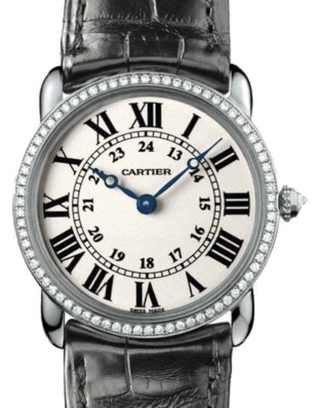Cartier Ronde Louis Cartier Ladies Watch Quartz Small White Gold Diamond Bezel 29mm Silver Dial Alligator Leather Strap WR000251 - BRAND NEW