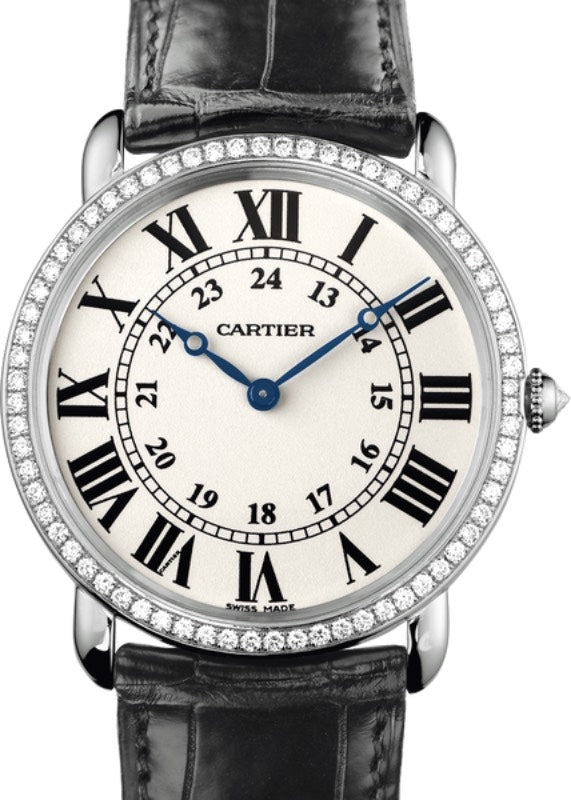Cartier Ronde Louis Cartier Manual Winding Large White Gold Diamond Bezel 36mm Silver Dial Alligator Leather Strap WR000551 - BRAND NEW