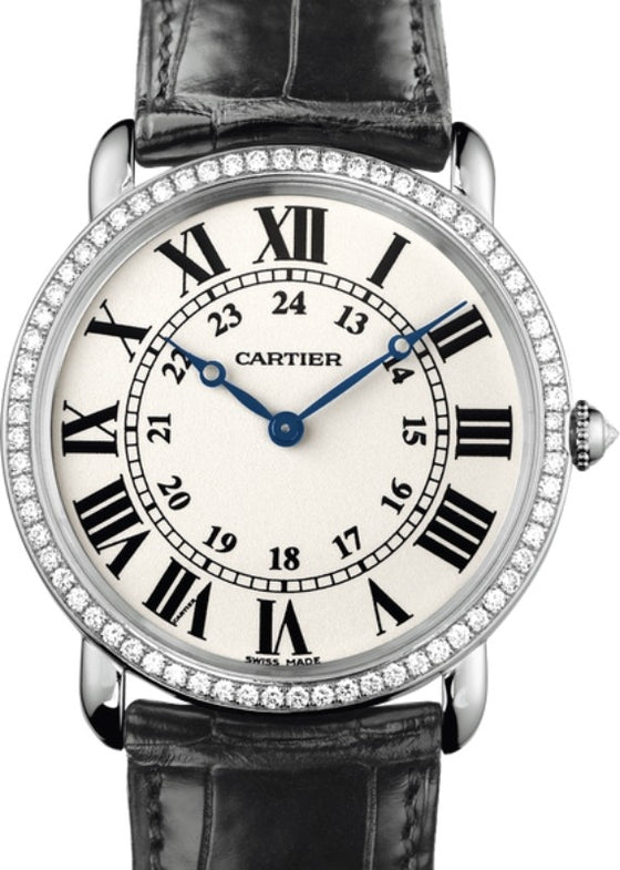 Cartier Ronde Louis Cartier Manual Winding Large White Gold Diamond Bezel 36mm Silver Dial Alligator Leather Strap WR000551 - BRAND NEW