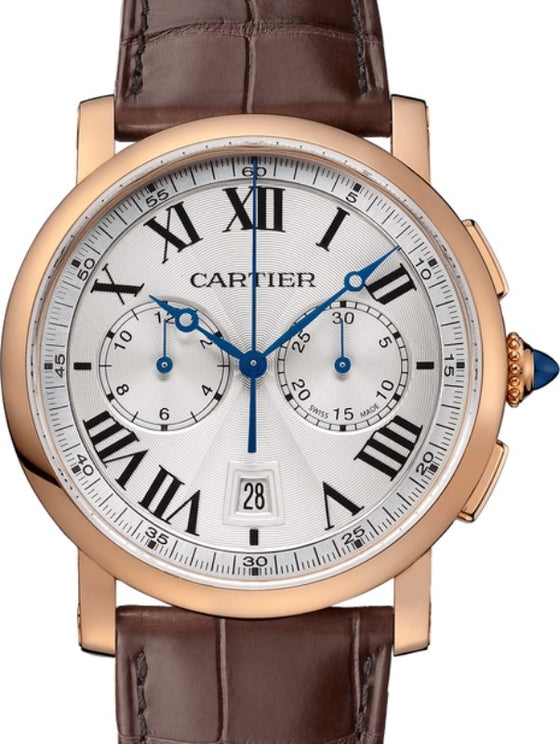 Cartier Rotonde de Cartier Chronograph Men's Watch Automatic Rose Gold 40mm Silver Dial Alligator Leather Strap W1556238 - BRAND NEW