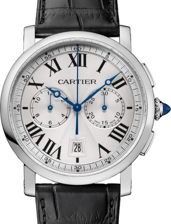 Cartier Rotonde de Cartier Chronograph Men's Watch Automatic Stainless Steel 40mm Silver Dial Alligator Leather Strap WSRO0002 - BRAND NEW