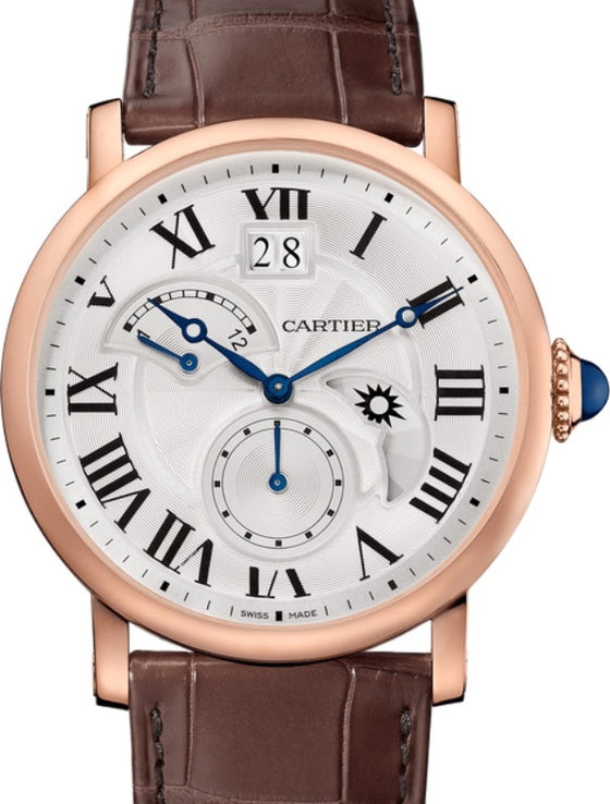 Cartier Rotonde de Cartier Large Date Second Time Zone and Day Night Indicator Men's Watch Automatic Rose Gold 42mm Silver Dial Alligator Leather Strap W1556240 - BRAND NEW