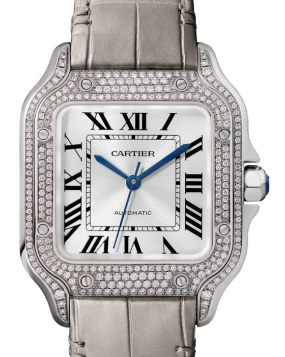 Santos De Cartier Medium White Gold Diamond Bezel Silver Dial WJSA0014