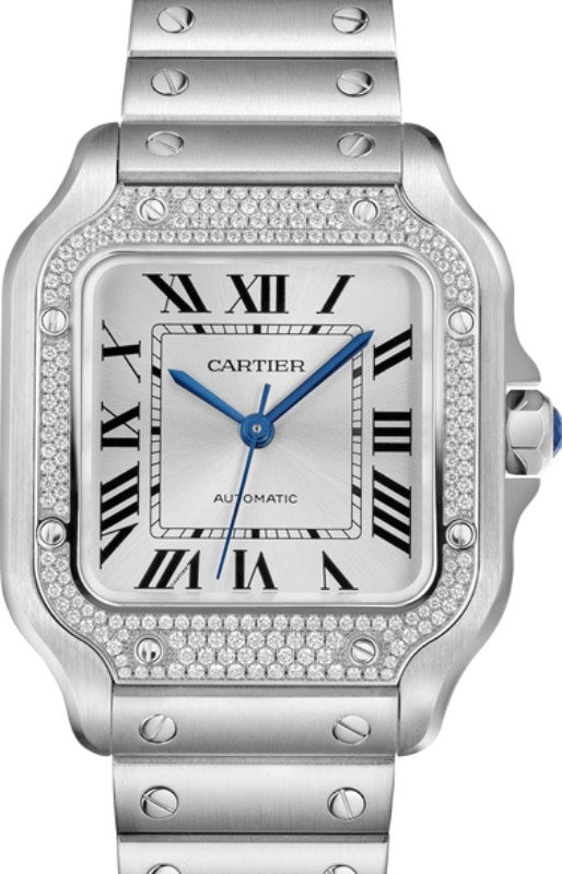 Santos De Cartier Medium Steel Diamond Bezel Silver Dial W4SA0005