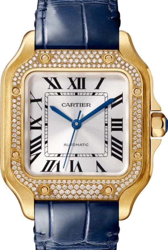 Santos De Cartier Medium Yellow Gold Diamond Bezel Silver Dial WJSA0013