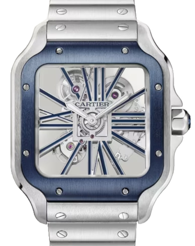 Santos de Cartier Large Steel Blue Skeleton Dial WHSA0026