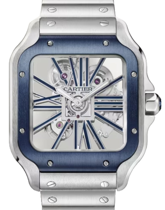 Santos de Cartier Large Steel Blue Skeleton Dial WHSA0026