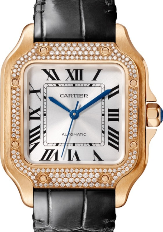 Cartier Santos de Cartier Medium Automatic Rose Gold Diamond Bezel Silver Dial Alligator Leather Strap WJSA0007 - BRAND NEW