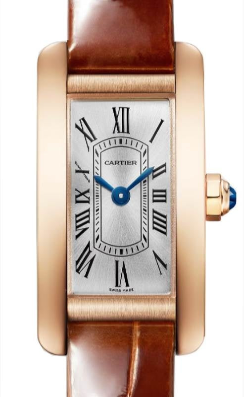 Cartier Tank Americaine Mini Quartz Rose Gold Silver Dial Leather Strap WGTA0132