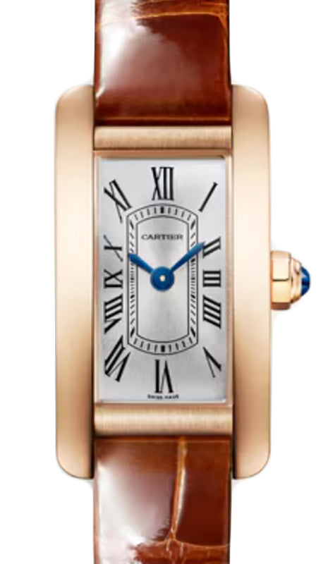 Cartier Tank Americaine Mini Quartz Rose Gold Silver Dial Leather Strap WGTA0341