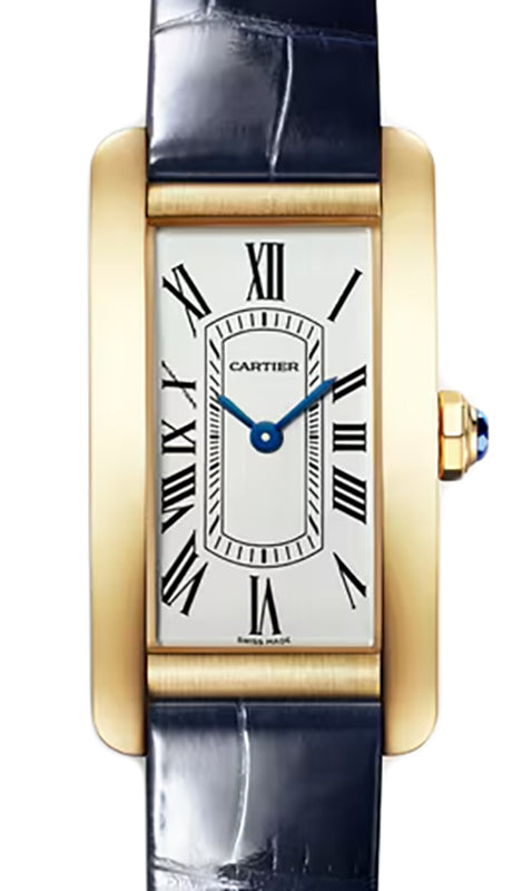 Cartier Tank Americaine Small Quartz Yellow Gold Silver Dial Leather Strap WGTA0356