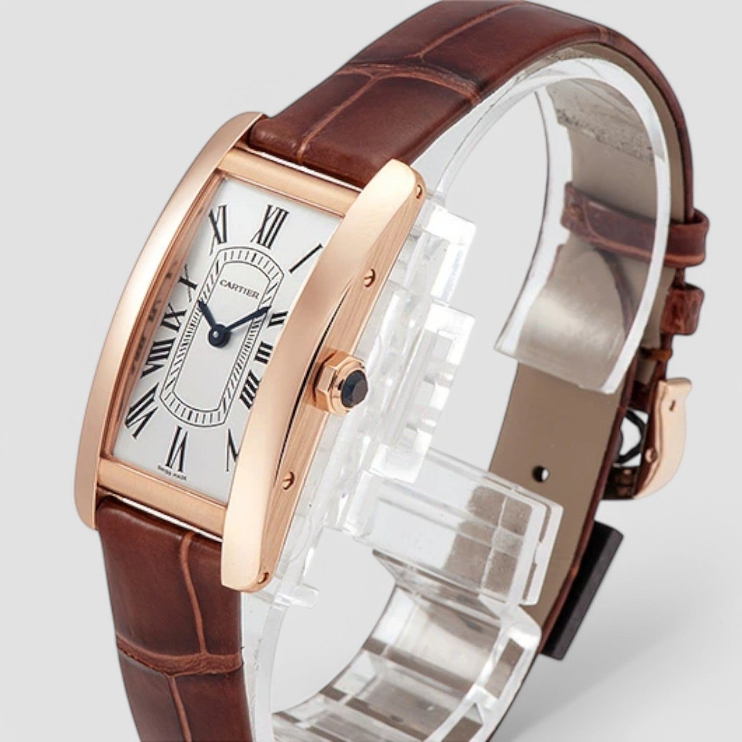 Cartier Tank Americaine Small Quartz Rose Gold Silver Dial Leather Strap WGTA0133
