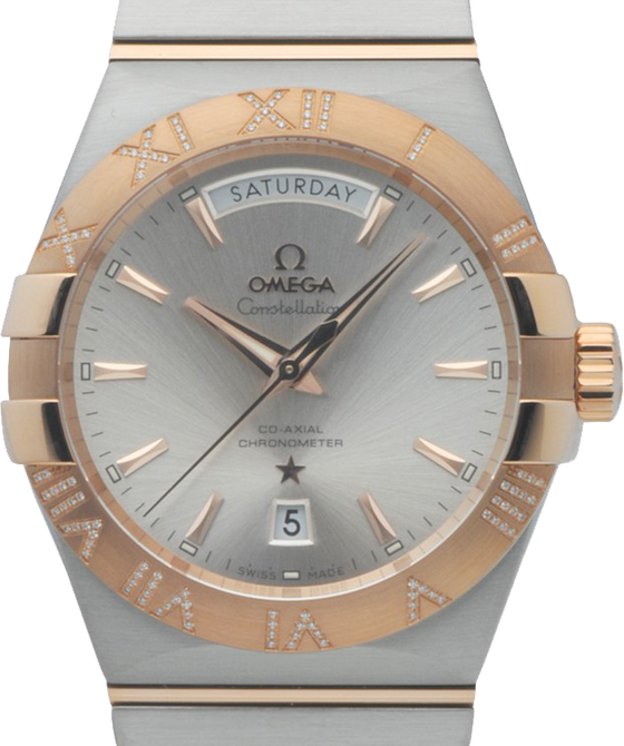 Omega Constellation Co-Axial Day-Date 123.25.38.22.02.001 38mm Silver Index Roman Red Gold Stainless Steel BRAND NEW