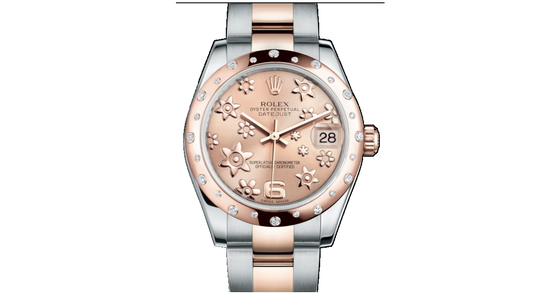 Rolex Datejust 31 Lady Midsize Rose Gold/Steel Pink Floral Motif Arabic Dial & Diamond Set Domed Bezel Oyster Bracelet 178341- BRAND NEW