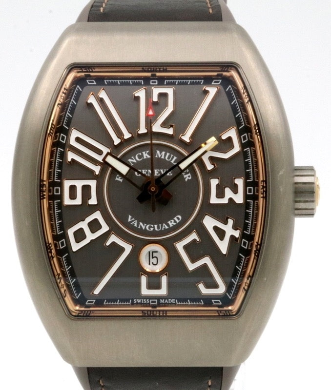 Franck Muller Vanguard Titanium Rose Gold Grey Dial Black Leather Strap V45 SC TT BR 5N - PRE-OWNED