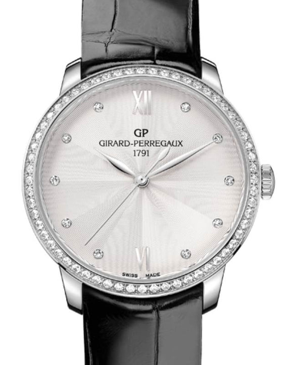 Girard Perregaux 1966 36MM Steel Silver Diamond Dial & Bezel Leather Strap 49523D11A171-CB6A