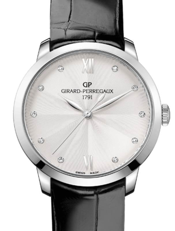 Girard Perregaux 1966 36MM Steel Silver Diamond Dial Leather Strap 49523-11-171-CB6A