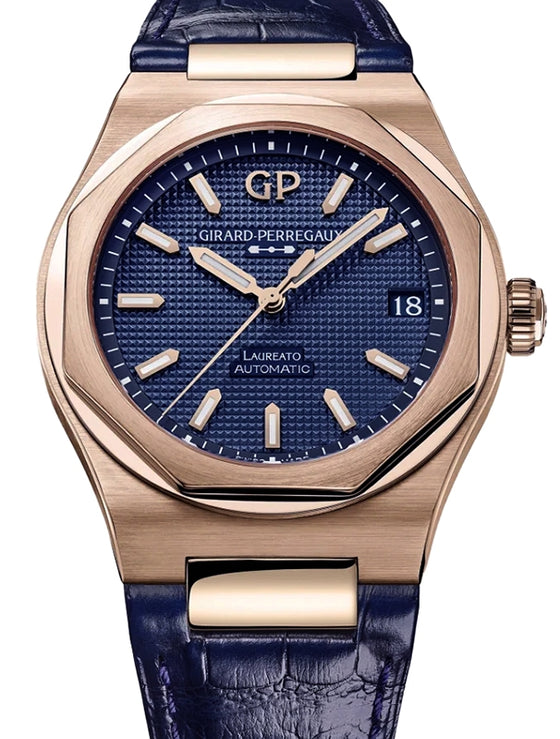 Girard Perregaux Laureato 42mm Pink Rose Gold Blue Dial Leather Strap 81010-52-436-BB4A