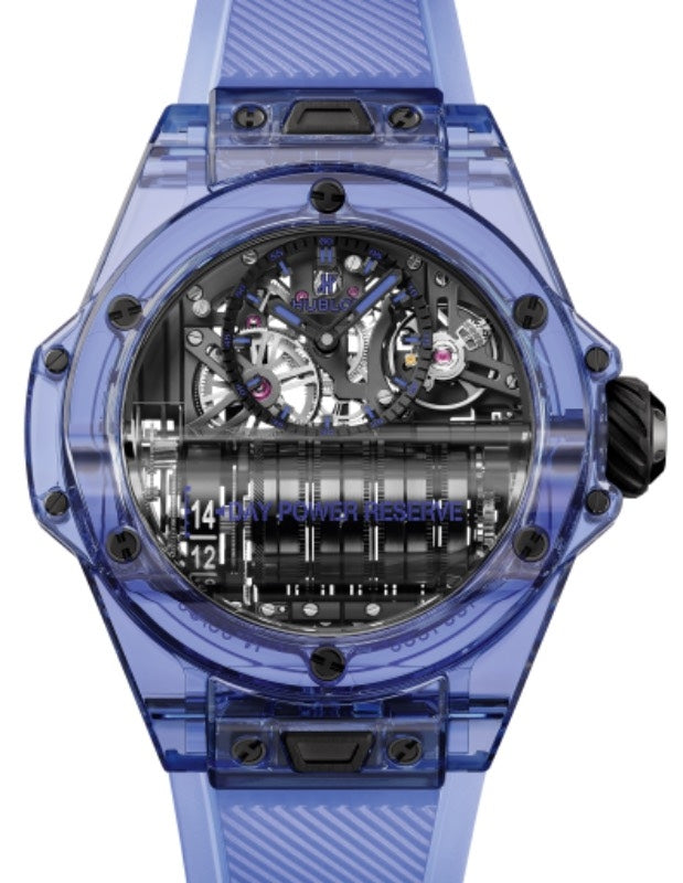 Hublot Big Bang Complications MP-11 Power Reserve 14 Days Blue Sapphire Limited Edition 45mm Blue Sapphire Crystal Skeleton Sapphire Crystal Dial Rubber Strap 911.JL.0119.RX - BRAND NEW