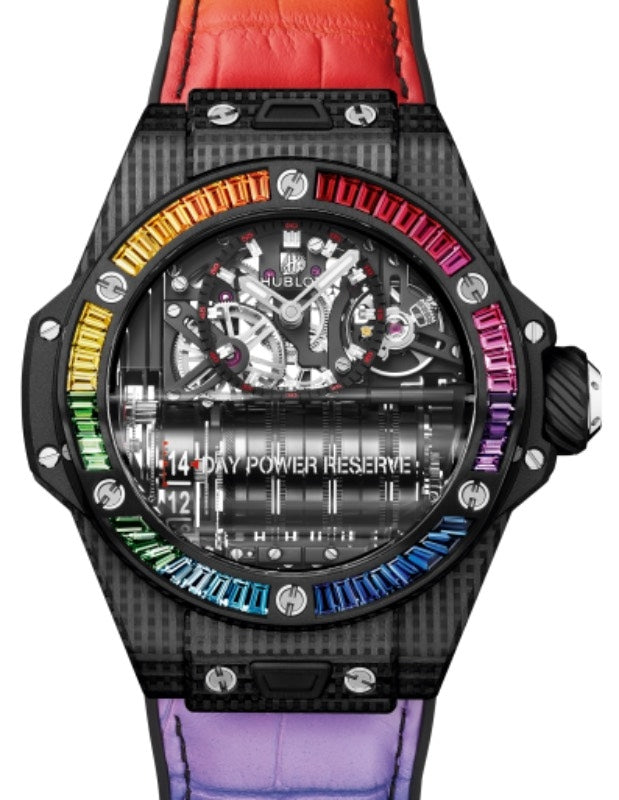Hublot Big Bang Complications MP-11 Power Reserve 14 Days Carbon Rainbow 45mm 3D Carbon Fiber Colored Gems Bezel Skeleton Sapphire Crystal Dial Rubber and Alligator Leather Strap 911.QD.0123.LR.4099 - BRAND NEW