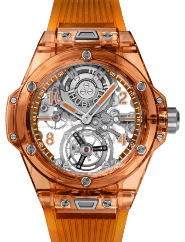 Hublot Big Bang Complications Tourbillon Automatic Orange Sapphire 45mm Orange Sapphire Crystal Skeleton Sapphire Dial Transparent Rubber Strap 419.JO.0120.RT - BRAND NEW