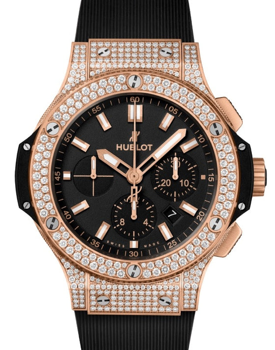 Hublot Big Bang Original Chronograph Gold Pave Diamonds 44mm Black Dial Rubber Strap 301.PX.1180.RX.1704 - BRAND NEW