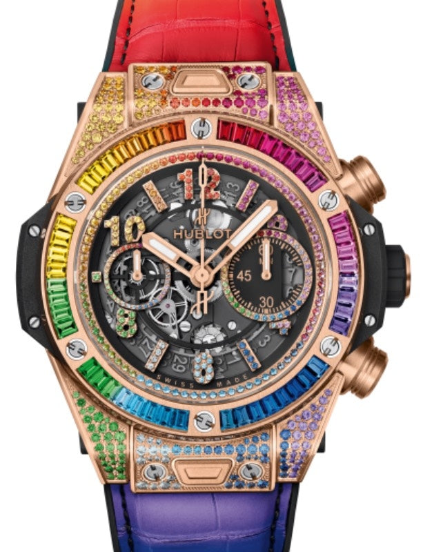 Hublot Big Bang Unico Chronograph Rainbow King Gold 45mm King Gold-Rainbow Gems Colored Gems Bezel Skeleton With Colored Gems Dial Rubber/ Alligator Leather Strap 411.OX.9910.LR.0999 - BRAND NEW