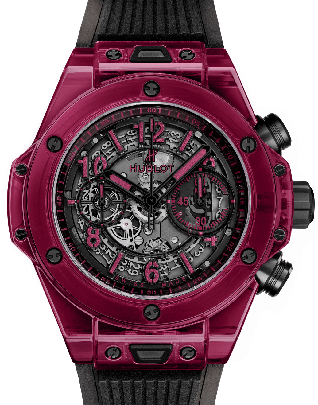 Hublot Big Bang Unico Red Sapphire Crystal Skeleton 45mm Dial Bezel Rubber Strap 45mm 411.JR.4901.RT - BRAND NEW