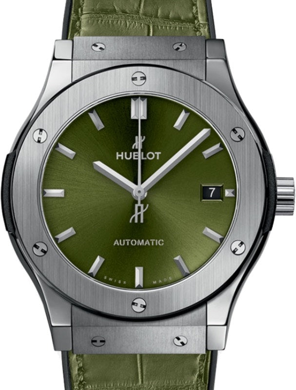 Hublot Classic Fusion 3-Hands Titanium 45mm Green Dial Rubber and Alligator Leather Straps 511.NX.8970.LR - BRAND NEW