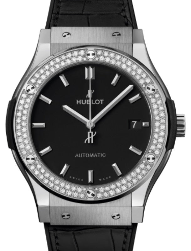 Hublot Classic Fusion 3-Hands Titanium Diamonds 45mm Titanium Diamond Bezel Black Dial Rubber-Alligator Leather Straps 511.NX.1171.LR.1104 - BRAND NEW
