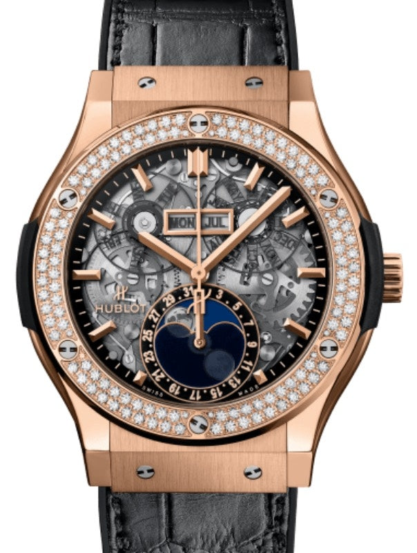 Hublot Classic Fusion Aerofusion Moonphase King Gold Diamonds 45mm Skeleton Sapphire Dial 517.OX.0180.LR.1104
