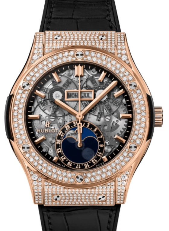 Hublot Classic Fusion Aerofusion Moonphase King Gold Pave 45mm Skeleton Sapphire Dial 517.OX.0180.LR.1704
