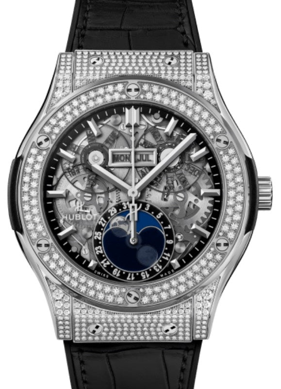 Hublot Classic Fusion Aerofusion Moonphase Titanium Pave 45mm Skeleton Sapphire Dial 517.NX.0170.LR.1704