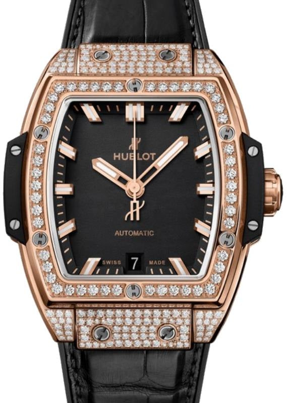 Hublot Spirit of Big Bang Moonphase King Gold Pave Diamonds 42mm Black Dial Rubber Strap 665.OX.1180.LR.1604 - PRE-OWNED