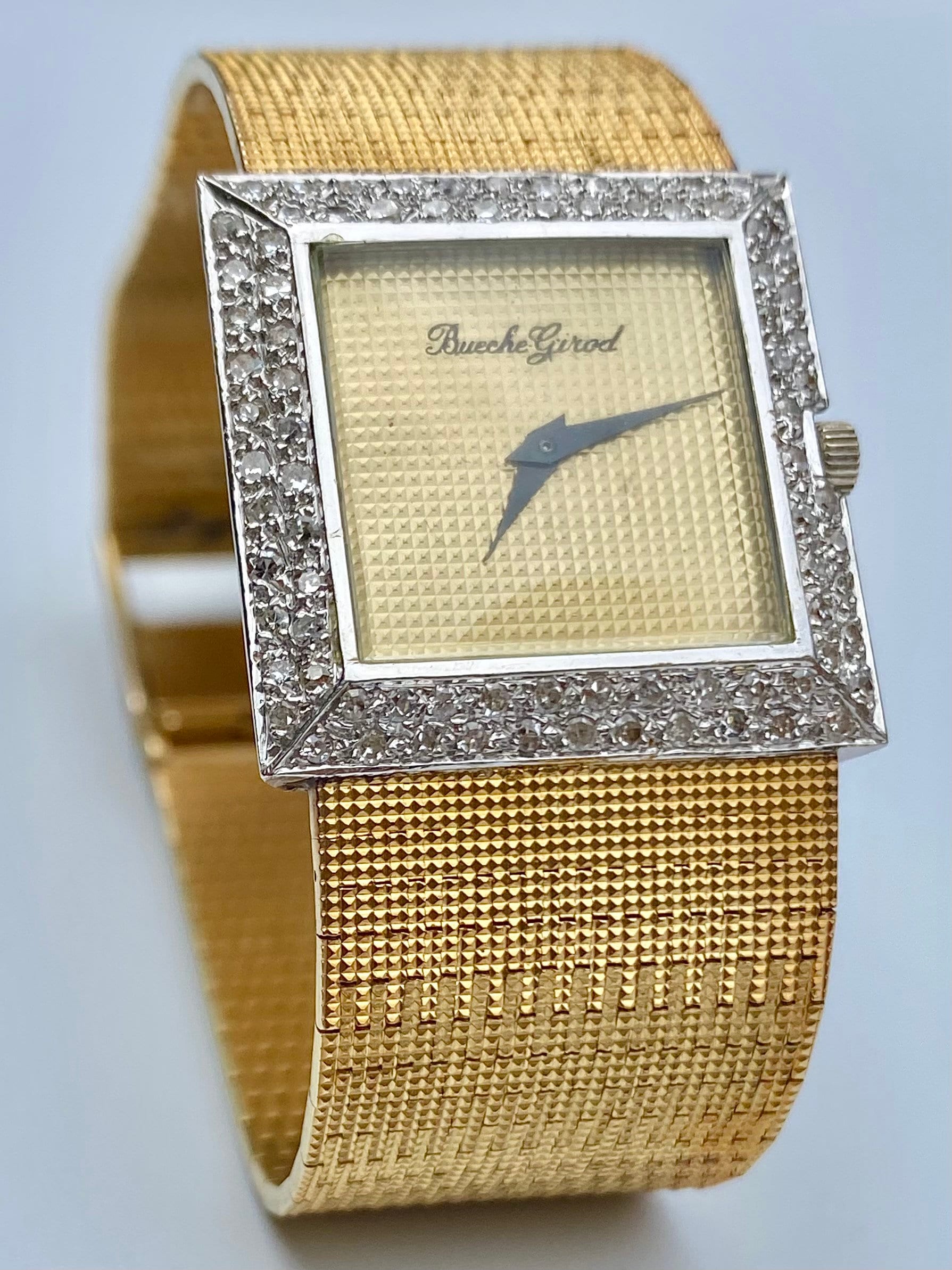 Bueche Girod Tank Style Solid 18kt Gold Natural Diamond Face Swiss Vintage Watch