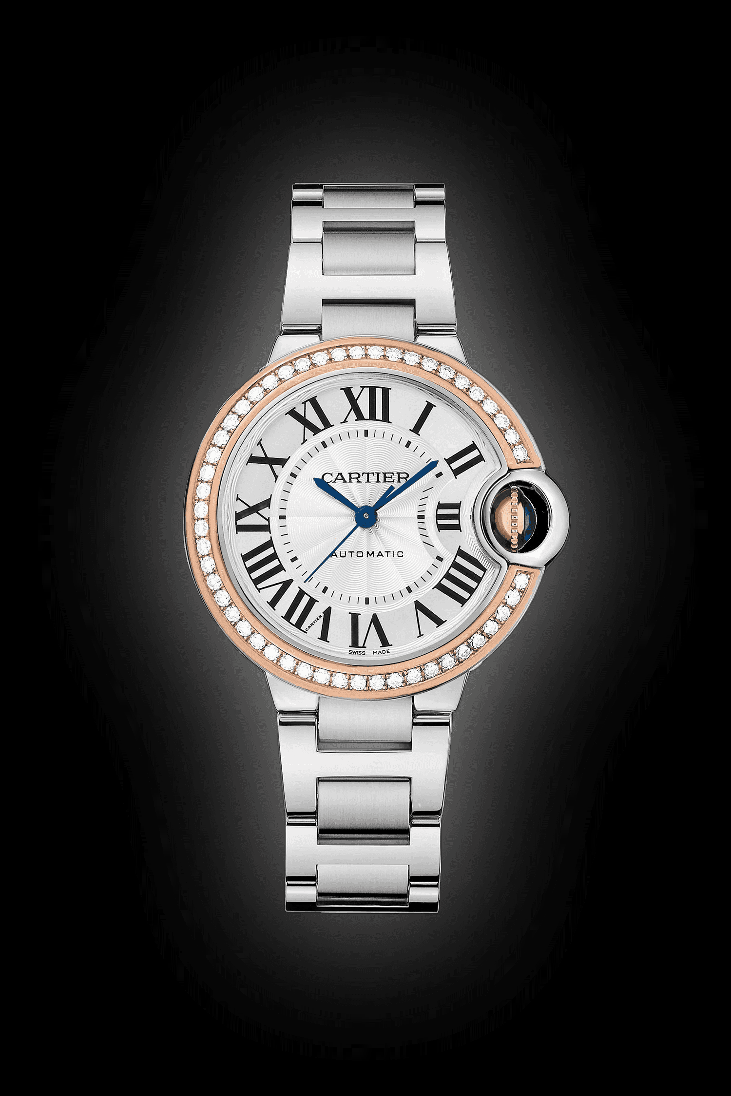 Cartier Ballon Bleu WE902080 Ladies Midsize Silver Diamond 18k Rose Gold Stainless Steel BRAND NEW