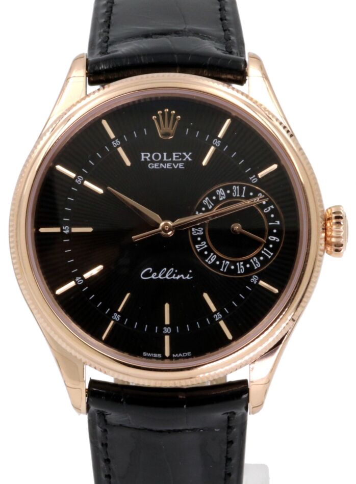 Rolex Cellini Date 50515 39mm Rose Gold Black Guilloche Index Black Leather