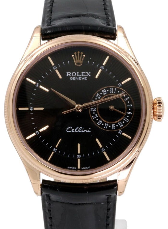 Rolex Cellini Date 50515 39mm Rose Gold Black Guilloche Index Black Leather
