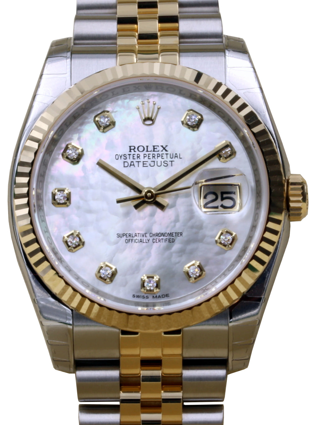Rolex Datejust 36 116233-MOPDFJ White Mother of Pearl Diamond Fluted Yellow Gold Stainless Steel Jubilee - BRAND NEW