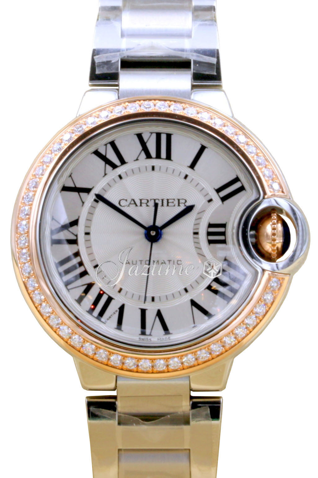 Cartier Ballon Bleu WE902080 Ladies Midsize Silver Diamond 18k Rose Gold Stainless Steel BRAND NEW