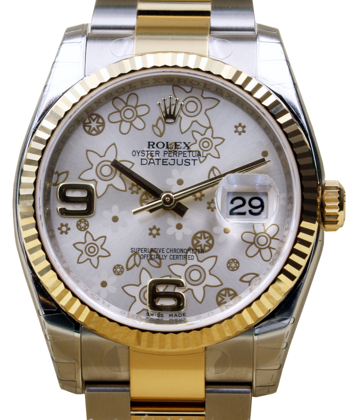 Rolex Datejust 36 116233-SLVFFO Silver Floral Arabic Fluted Yellow Gold Stainless Steel Oyster - BRAND NEW