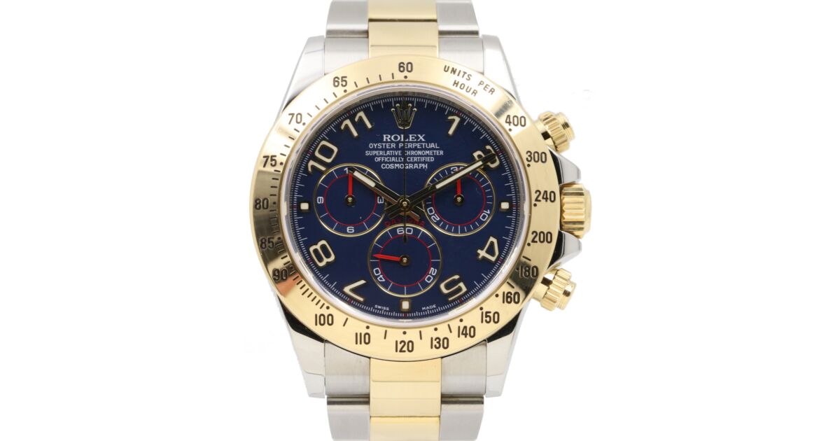 Rolex Cosmograph Daytona 116523 116523-BLUA Blue Arabic 18k Yellow Gold Stainless Steel BOX PAPERS