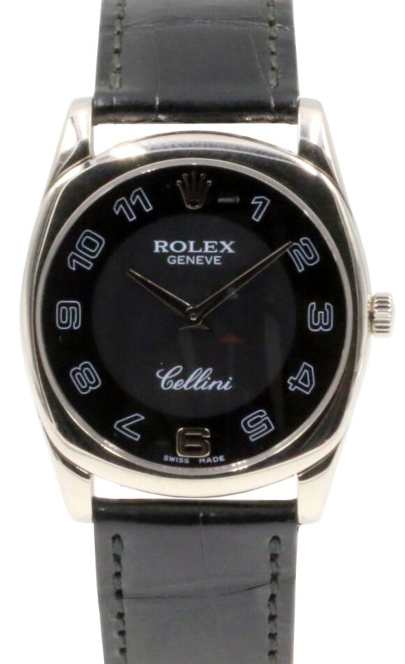 Rolex Cellini Danaos 33mm 4233-9-BLACK White Gold Black Arabic Leather Strap Smooth Bezel